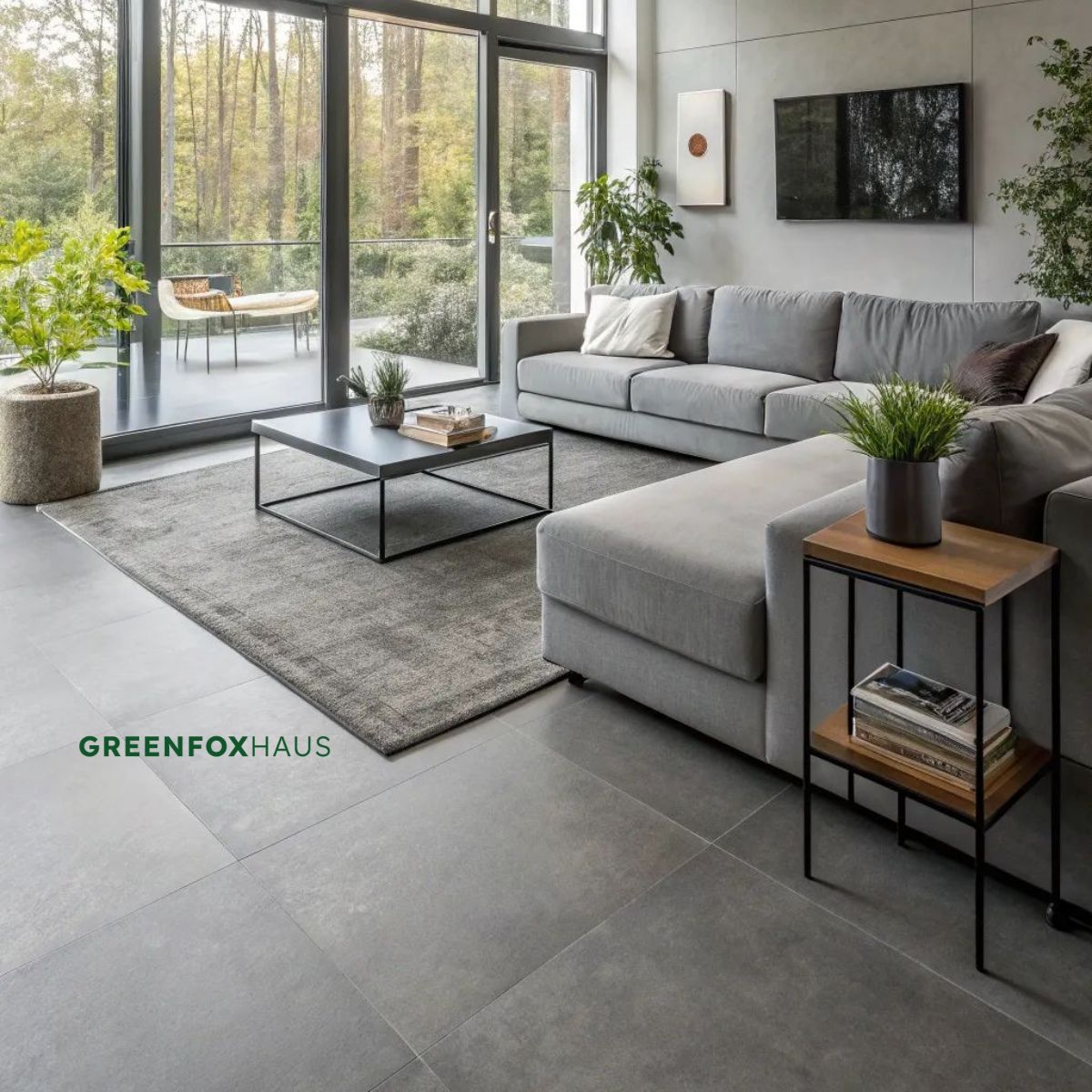 gạch nền xám ghi lát phòng khách hiện đại kết hợp nội thất sáng màu