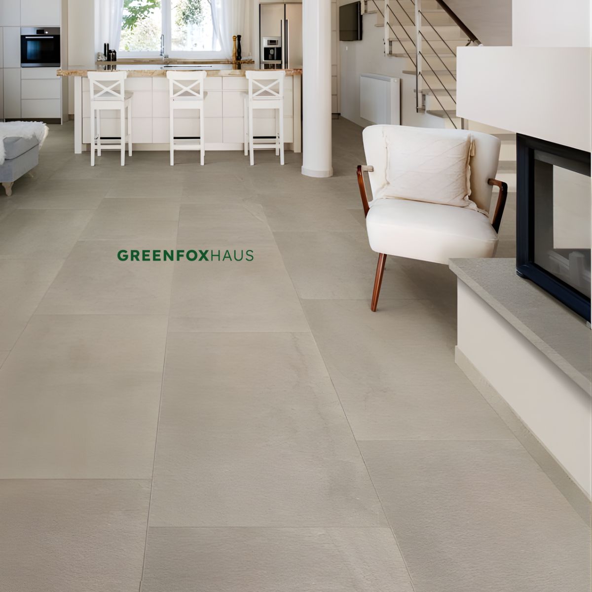 gạch lát nền 80x80 vân giả đá màu xám nhạt chống trơn cho phòng bếp hiện đại