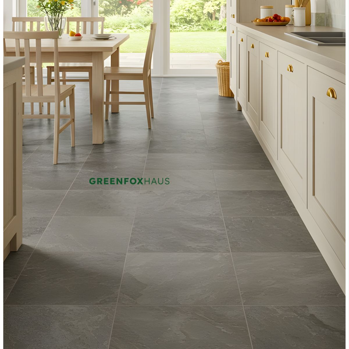 gạch men 80x80 vân giả đá màu xám trung tính cho nhà bếp và khu vực đi lại nhiều