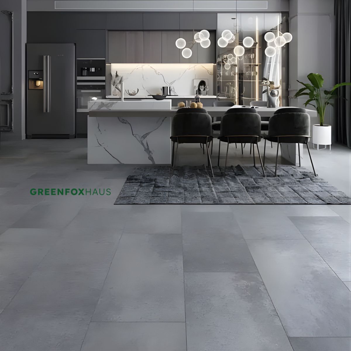 gạch lát nền màu xám phòng bếp hiện đại chống bám bẩn