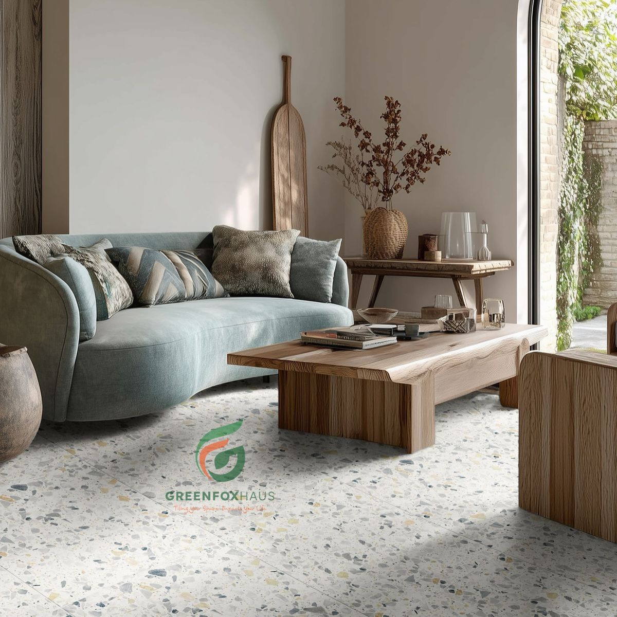 gạch lát nền 80x80 vân terrazzo đa màu cho phòng khách hiện đại ấn tượng