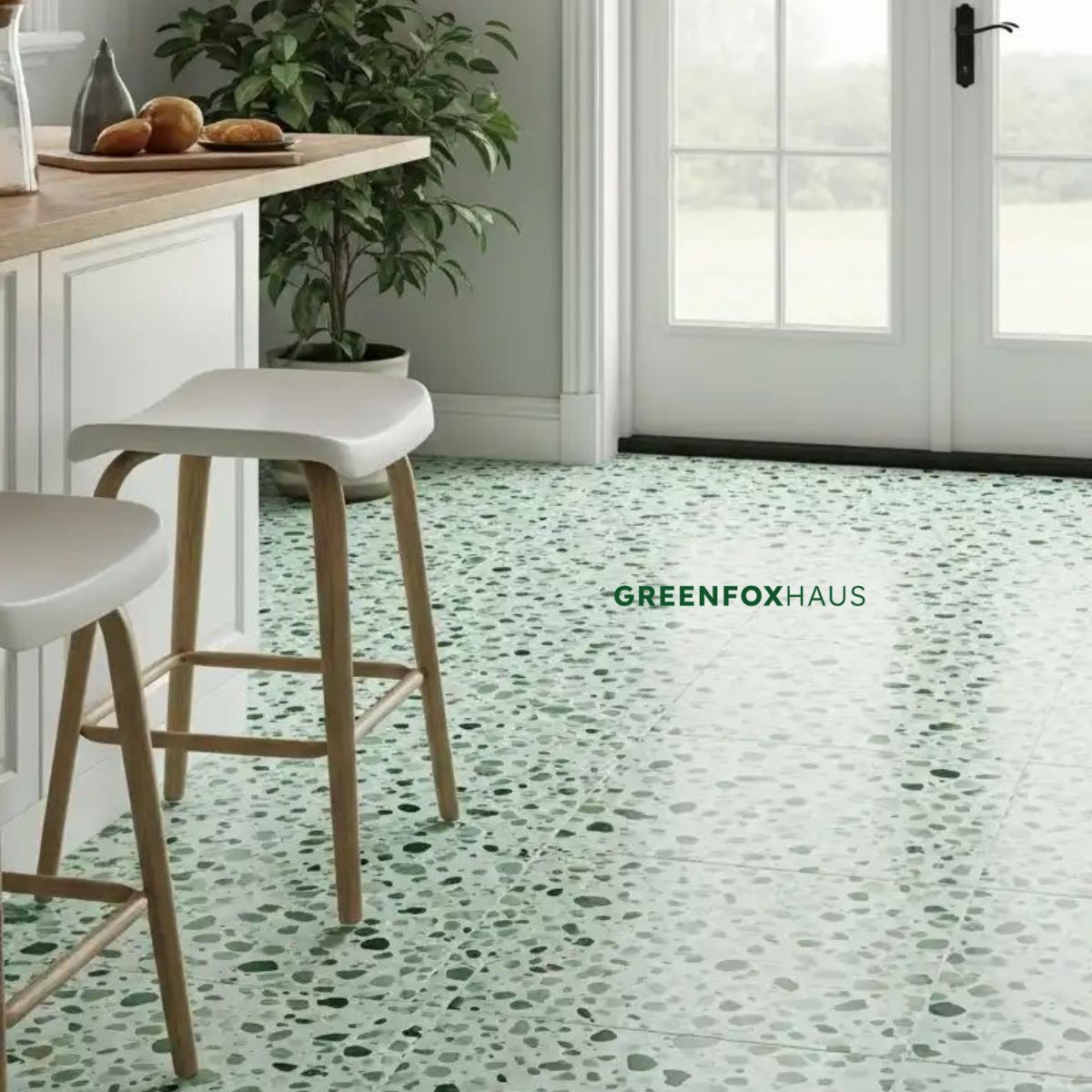gạch men 80x80 vân terrazzo màu xanh nhạt cho không gian bếp trẻ trung
