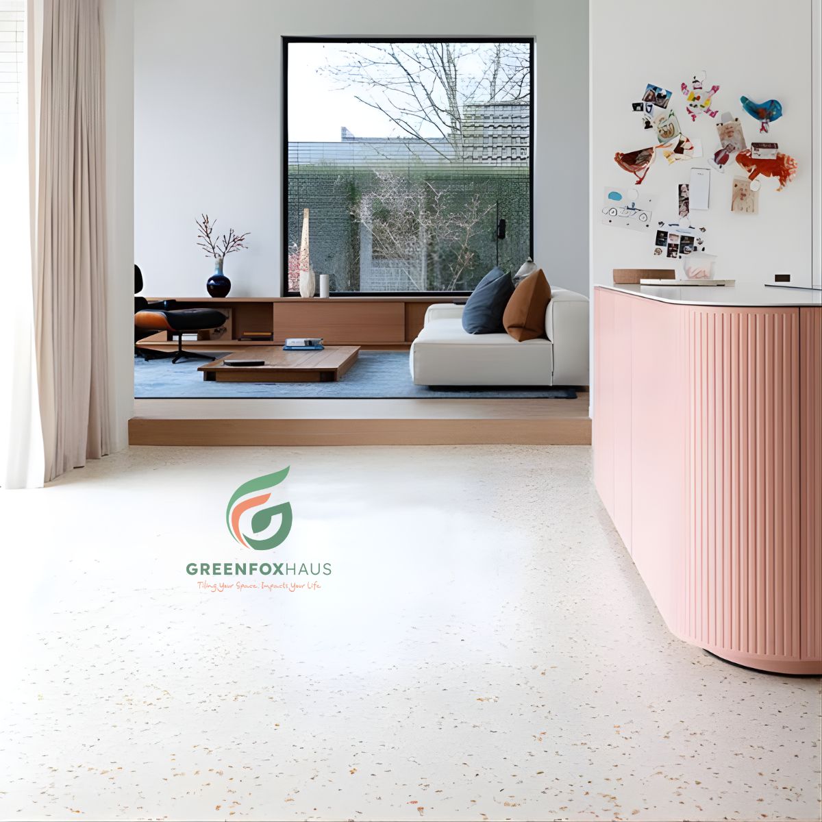 gạch lát nền phòng khách 80x80 vân terrazzo nền trắng phong cách tối giản