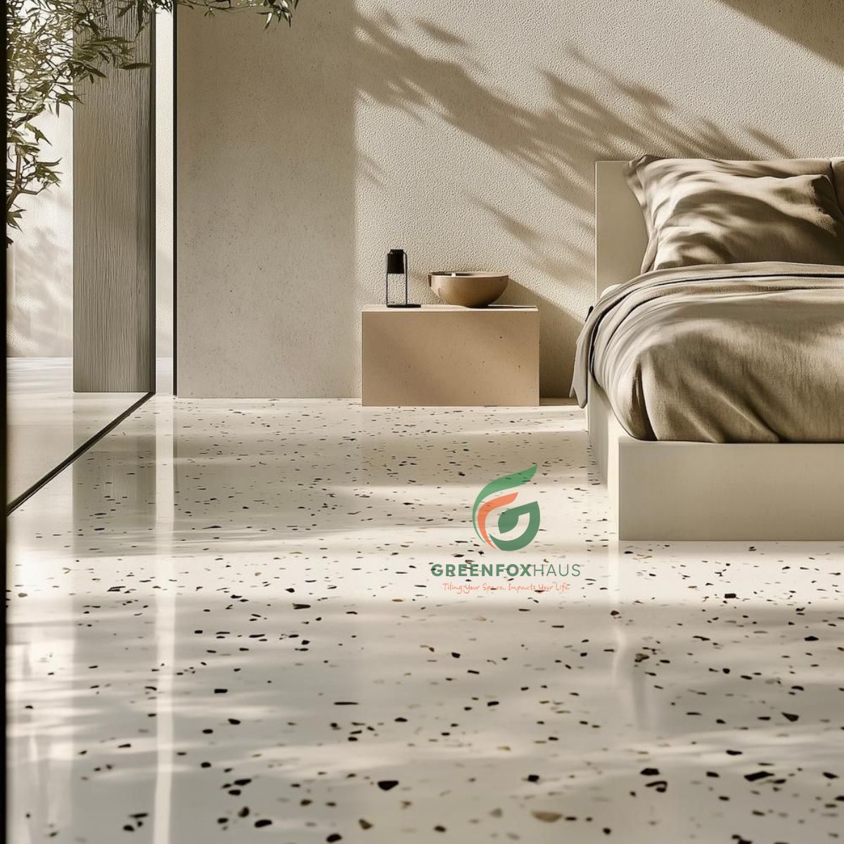 gạch 80x80 vân terrazzo màu be sáng cho phòng ngủ hiện đại tinh tế