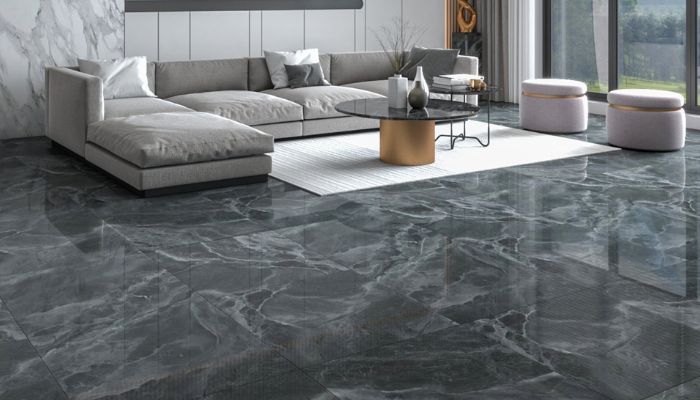 gạch lát nền 60x60 vân đá màu đen xám phòng khách sang trọng cao cấp