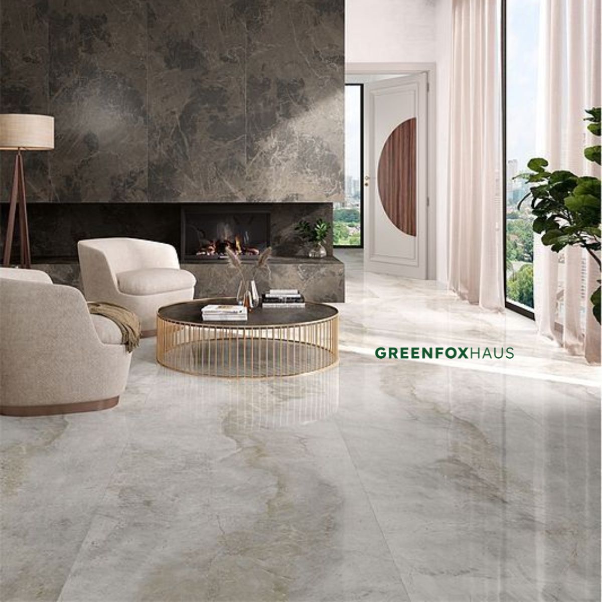 gạch lát nền màu trắng vân mây bóng kiếng giúp không gian phòng khách rộng và sáng