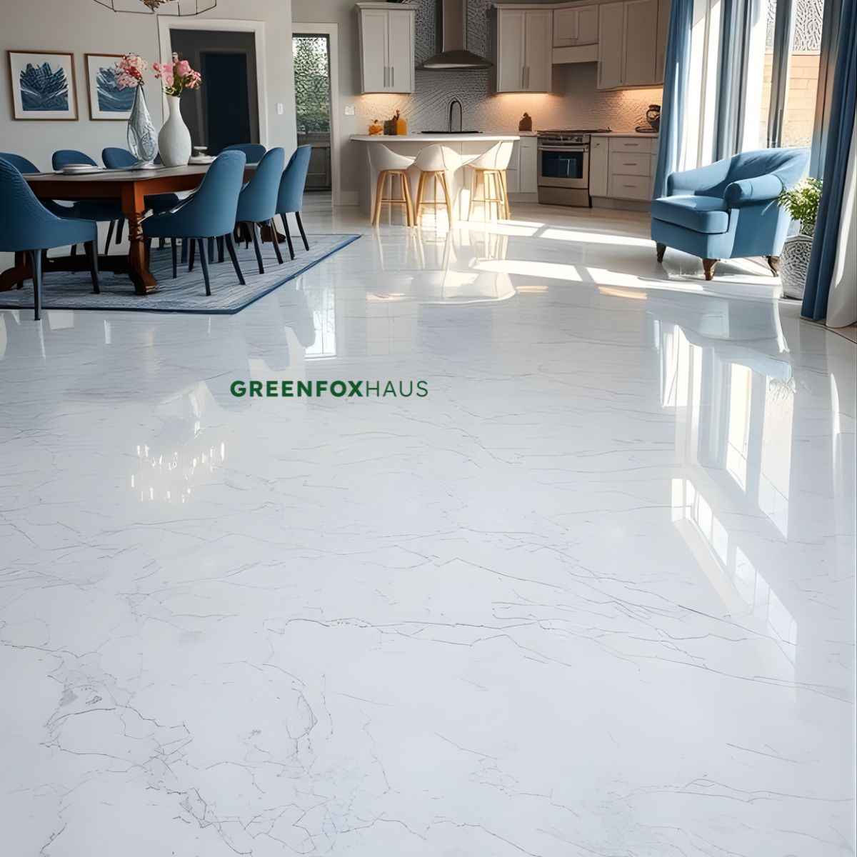 gạch lát nền màu trắng vân đá cho phòng khách liền bếp sang trọng