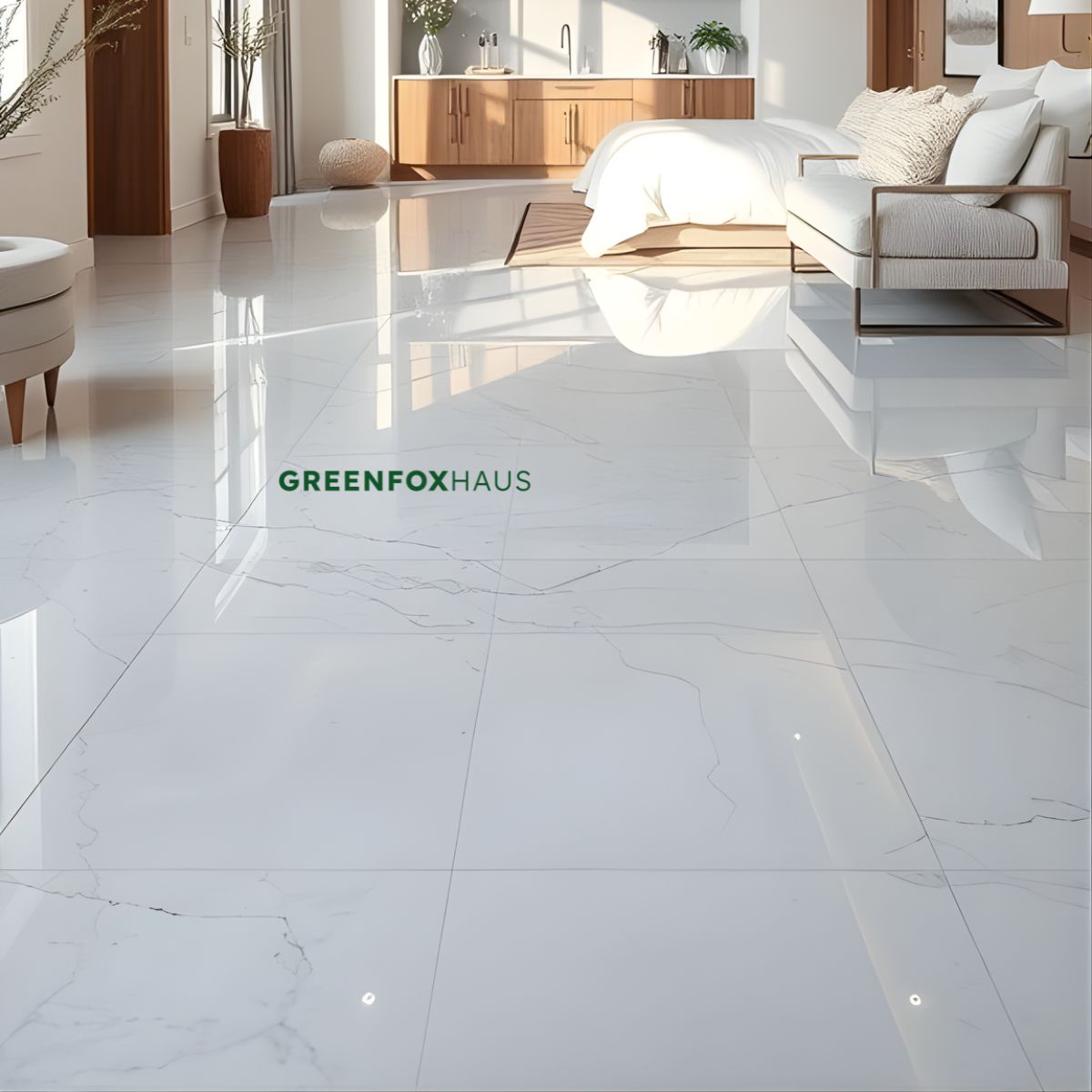 gạch lát nền màu trắng xám vân đá cho phòng ngủ ấm cúng và thư giãn