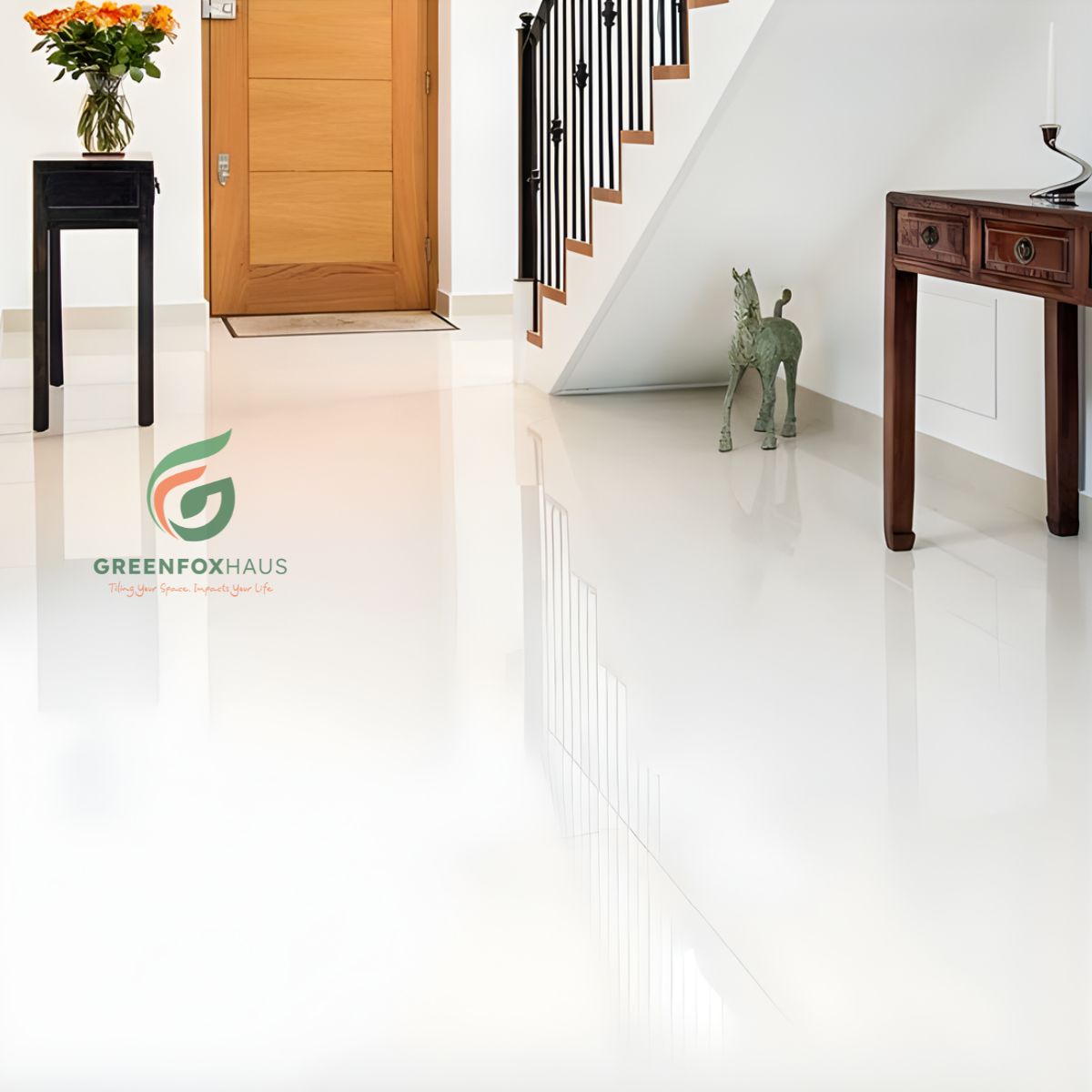 gạch lát nền trắng sữa cho khu vực cầu thang và sảnh nhà