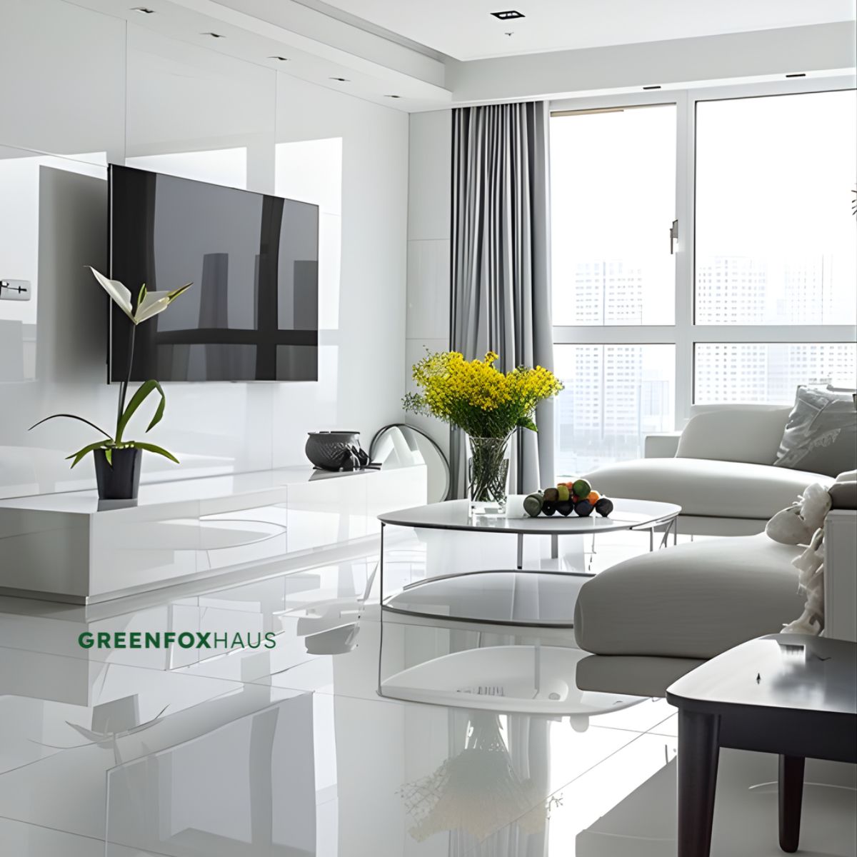 gạch lát nền trắng sữa bóng kiếng cho phòng khách hiện đại