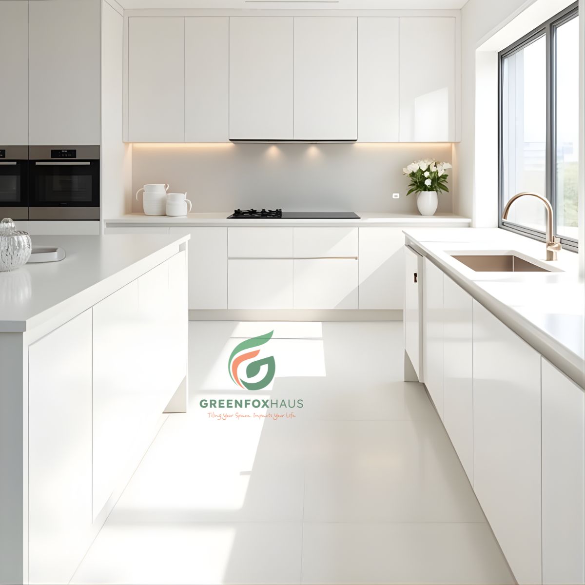 gạch lát nền trắng sữa cho không gian bếp sạch sẽ hiện đại