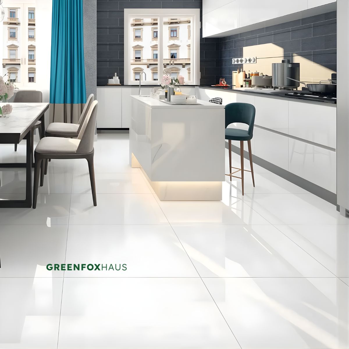 gạch lát nền trắng trơn bóng kiếng cho phòng bếp hiện đại