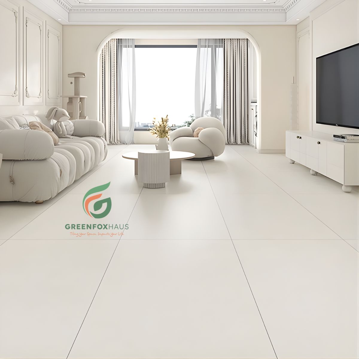 gạch lát nền trắng trơn cho phòng khách phong cách tối giản