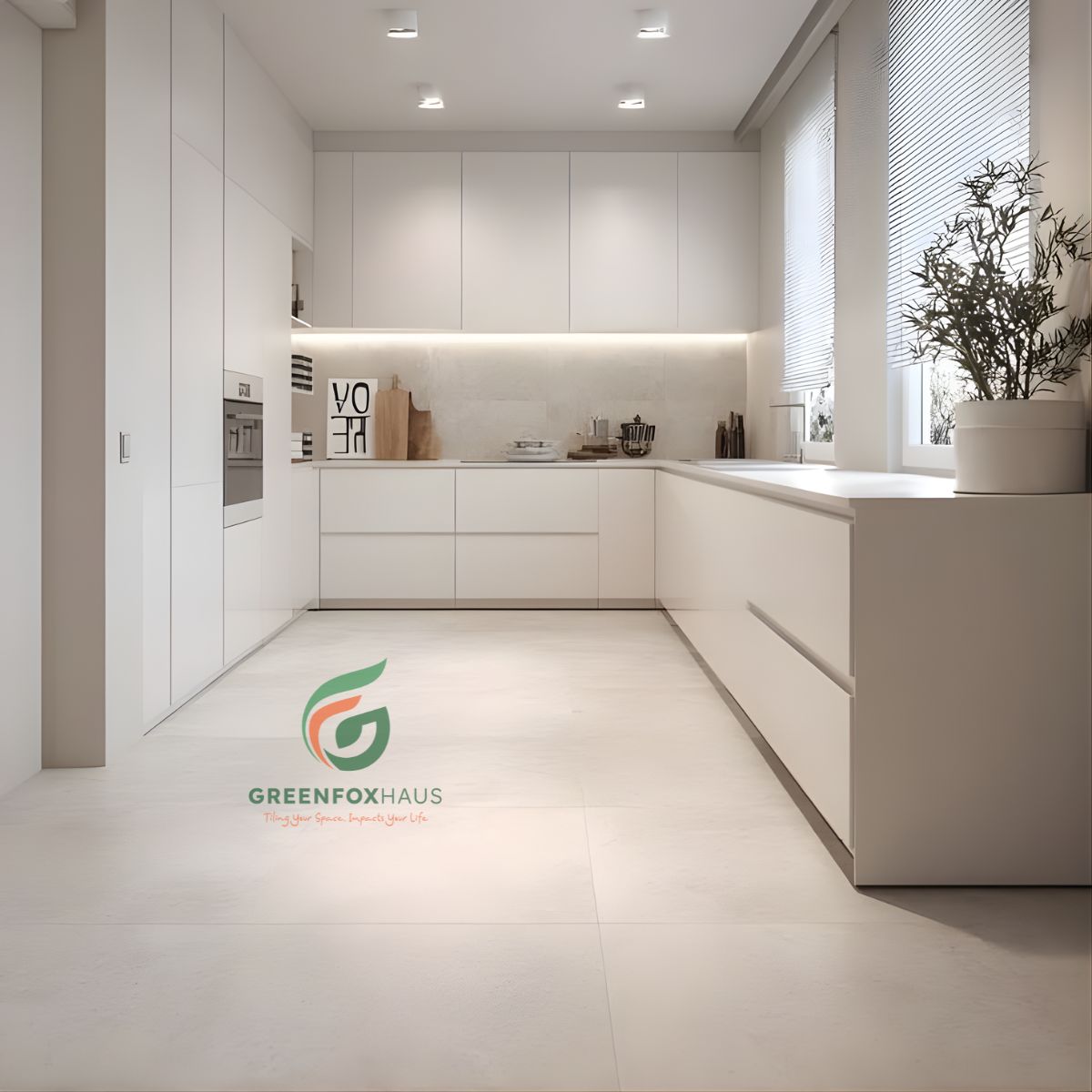 gạch lát nền trắng trơn cho không gian bếp tối giản hiện đại