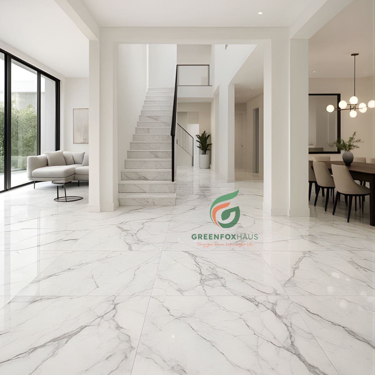 gạch lát nền trắng vân đá khổ lớn cho sảnh nhà hiện đại sang trọng