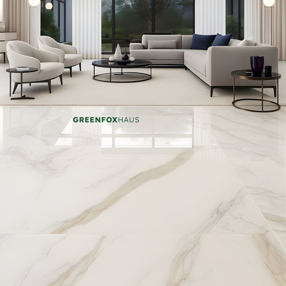 gạch lát nền màu trắng vân đá bóng kiếng cho phòng khách cao cấp