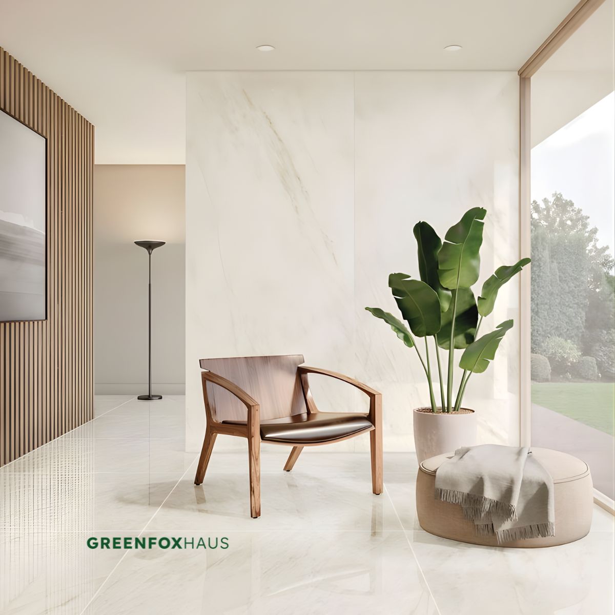 gạch nền trắng vân đá kết hợp nội thất gỗ tạo không gian ấm áp hiện đại