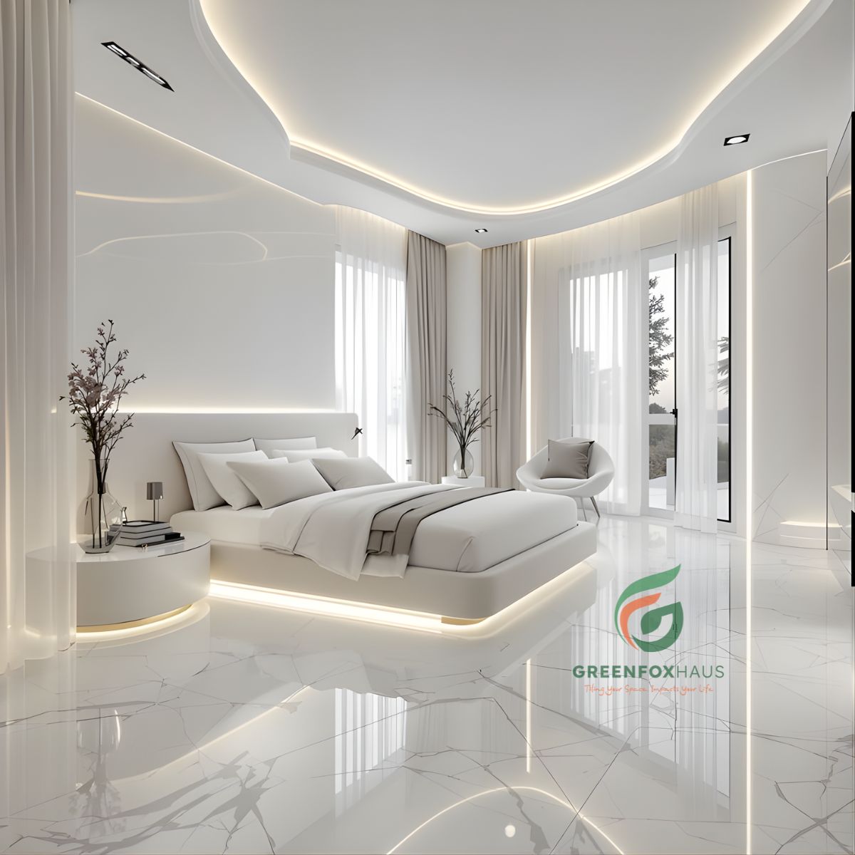 gạch lát nền màu trắng vân đá bóng cho phòng ngủ sang trọng cao cấp