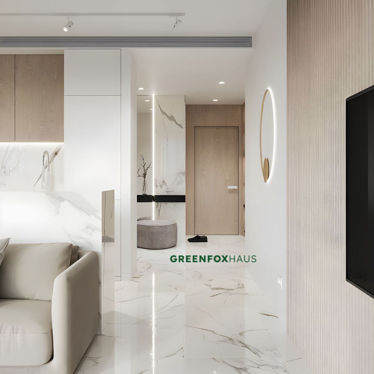 gạch lát nền màu trắng xám vân đá cho hành lang chung cư hiện đại