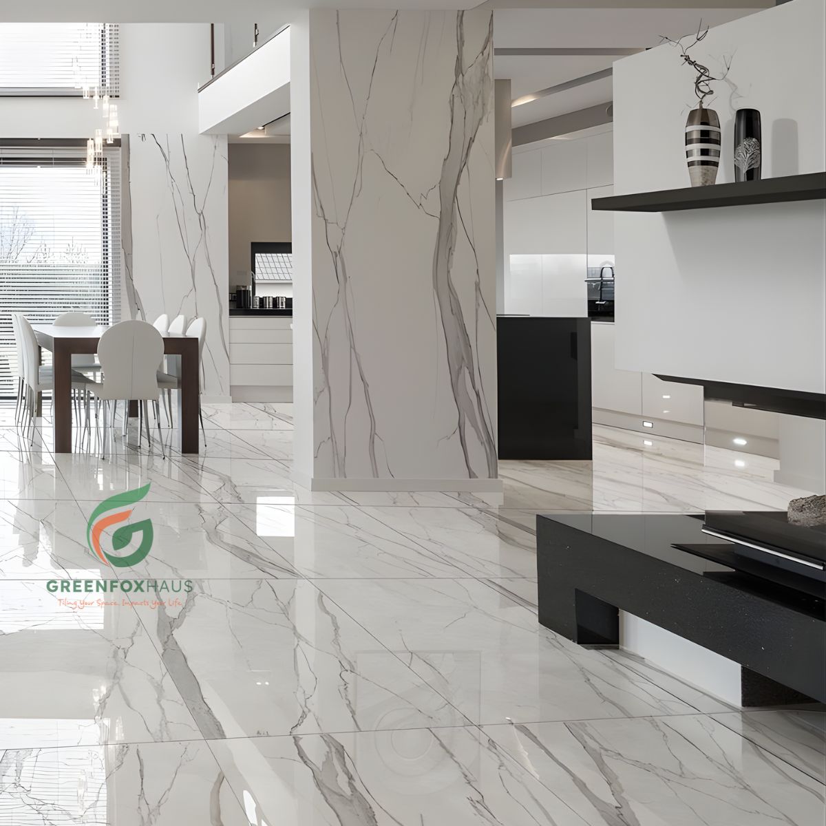 các mẫu gạch lát nền trắng vân đá đẹp cho không gian phòng khách rộng