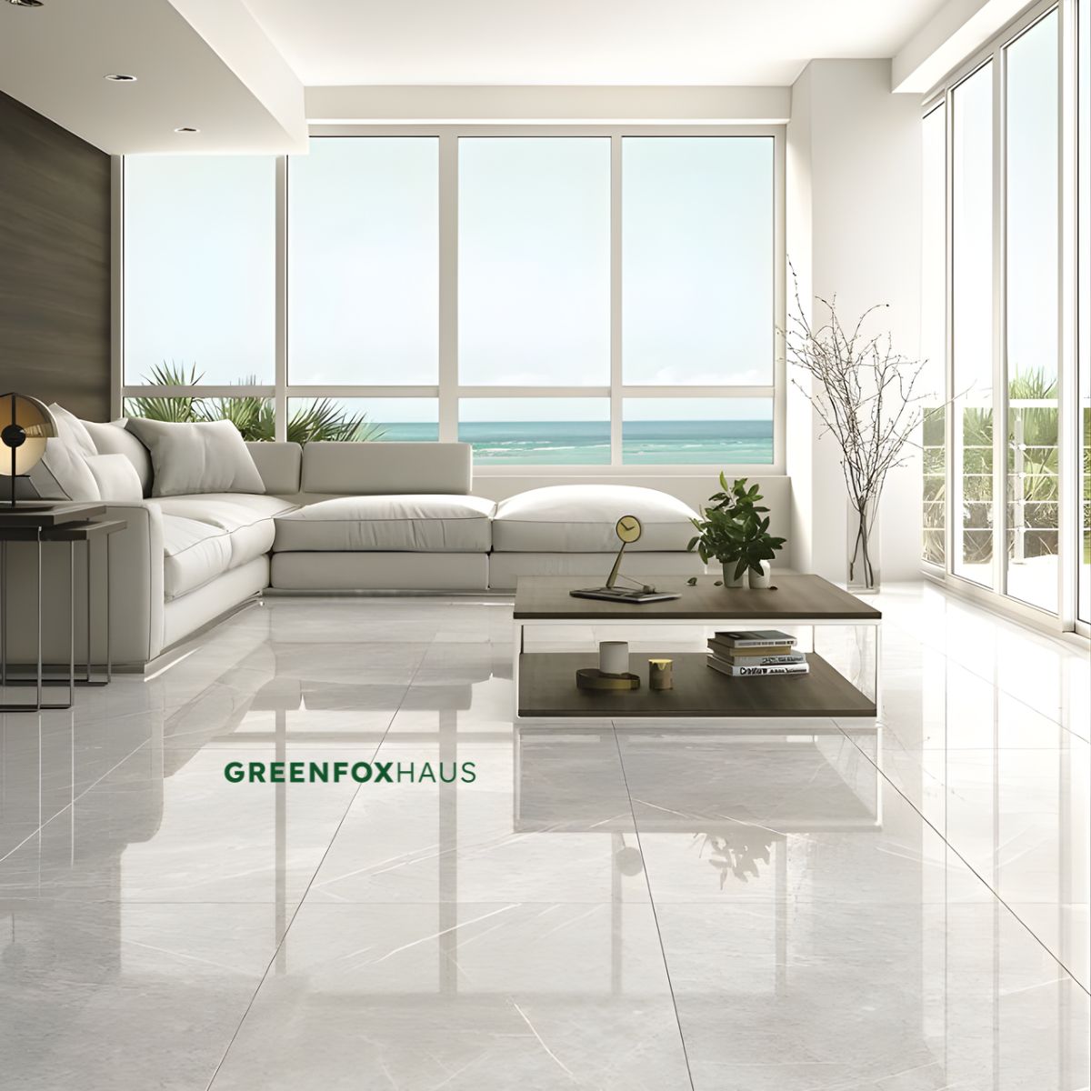 gạch lát nền trắng vân mây bóng kiếng cho phòng khách thoáng sáng