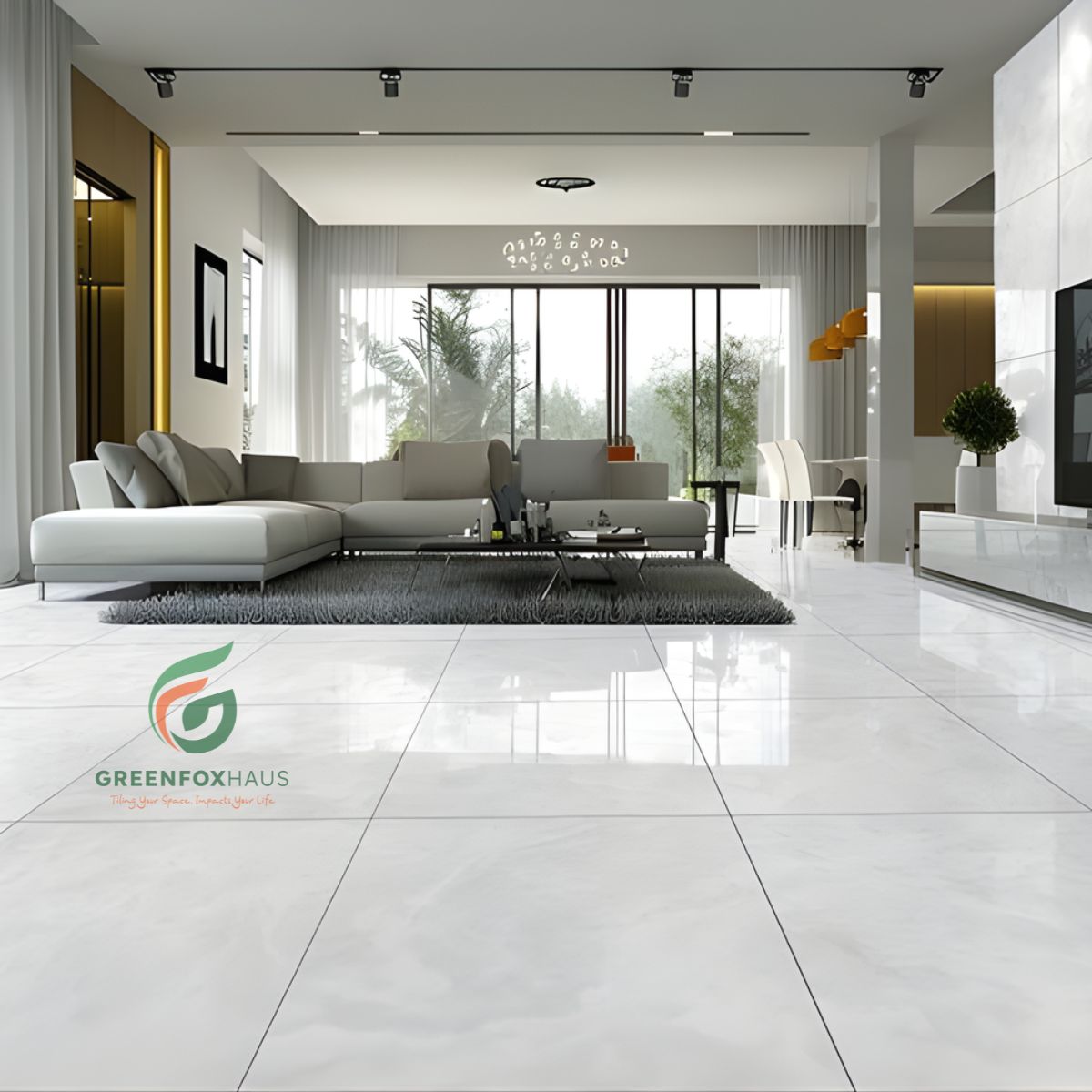 gạch lát nền trắng vân mây khổ lớn cho phòng khách hiện đại