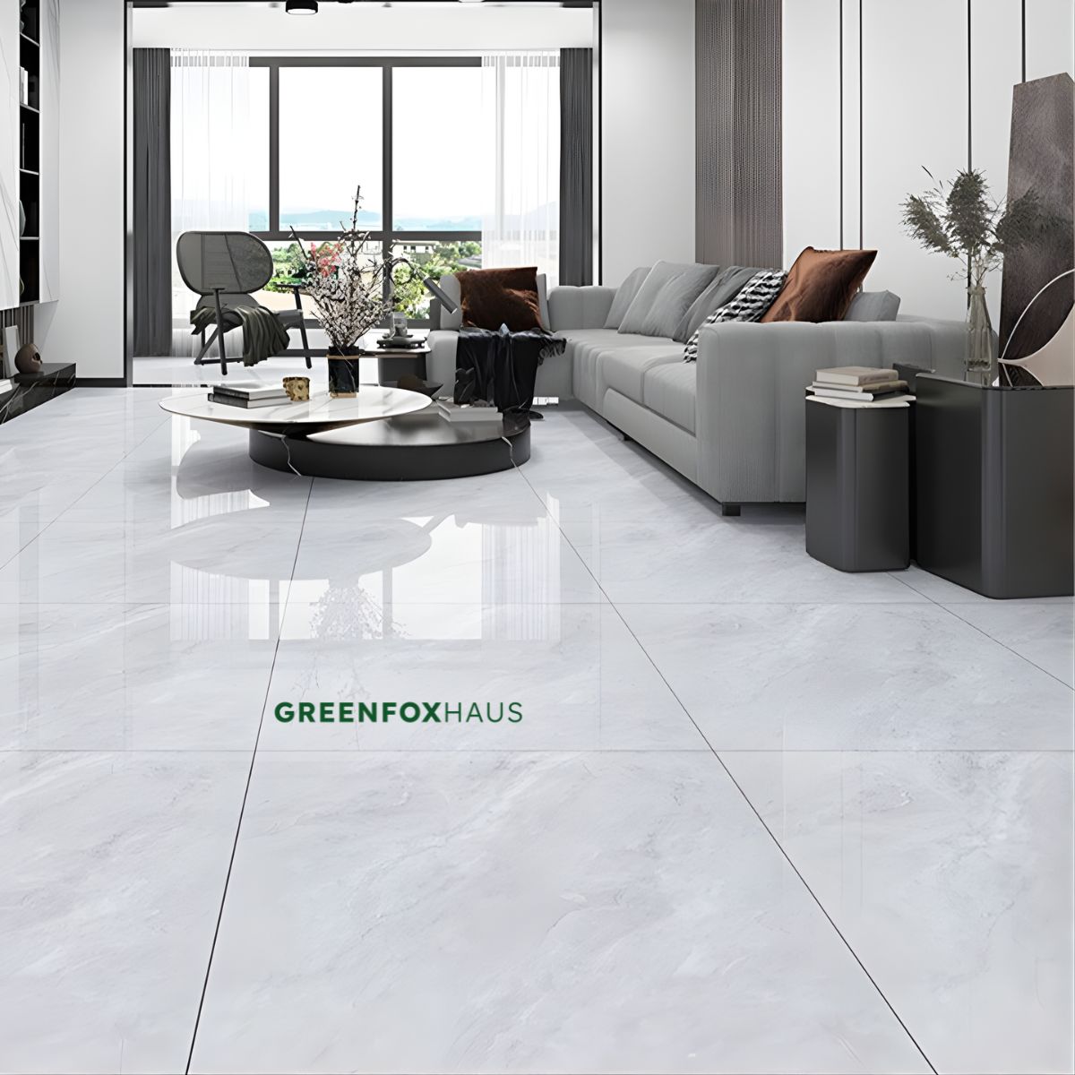 gạch lát nền trắng vân mây tinh tế cho phòng khách tối giản