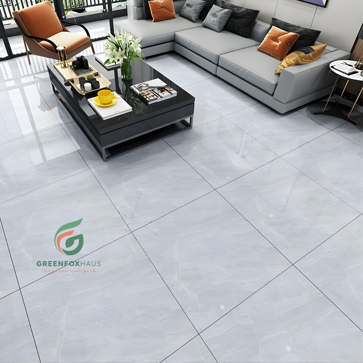 gạch lát nền trắng xám vân mây cho phòng khách hiện đại
