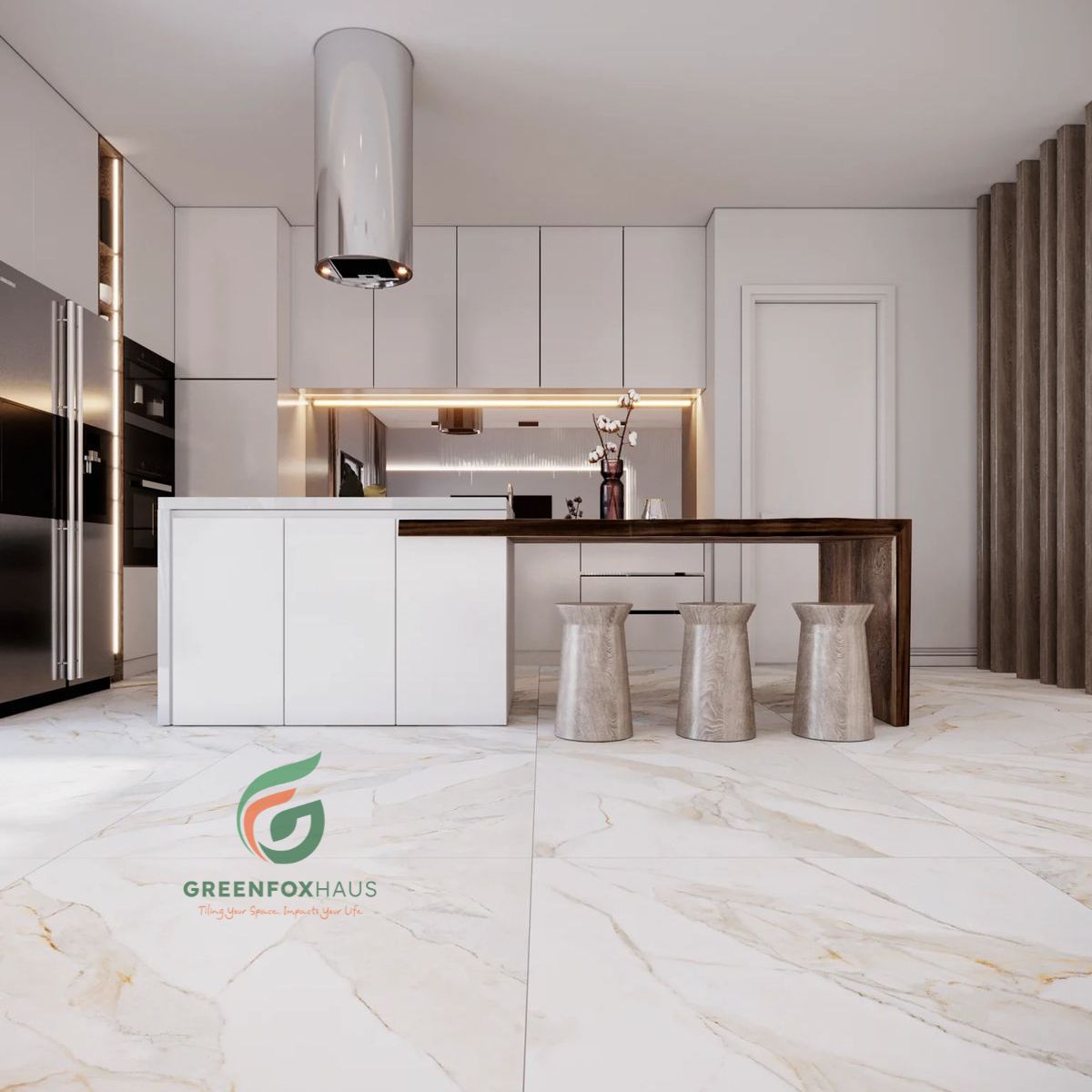 gạch lát nền trắng vân vàng kim khổ lớn cho bếp hiện đại