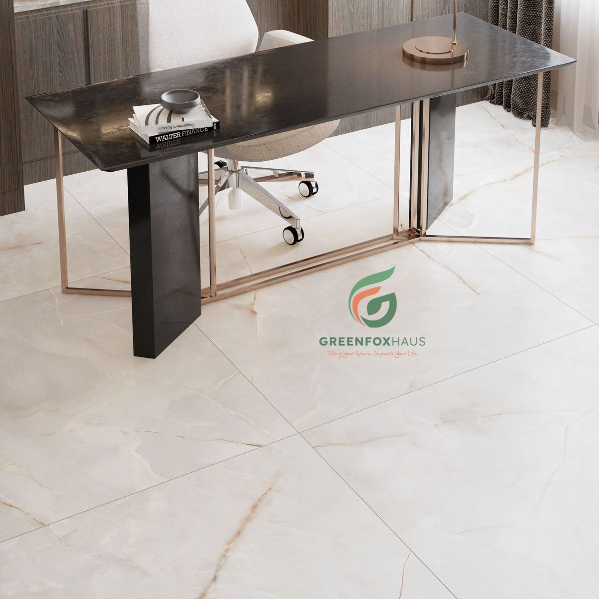 gạch lát nền trắng vân vàng kim cho phòng làm việc sang trọng