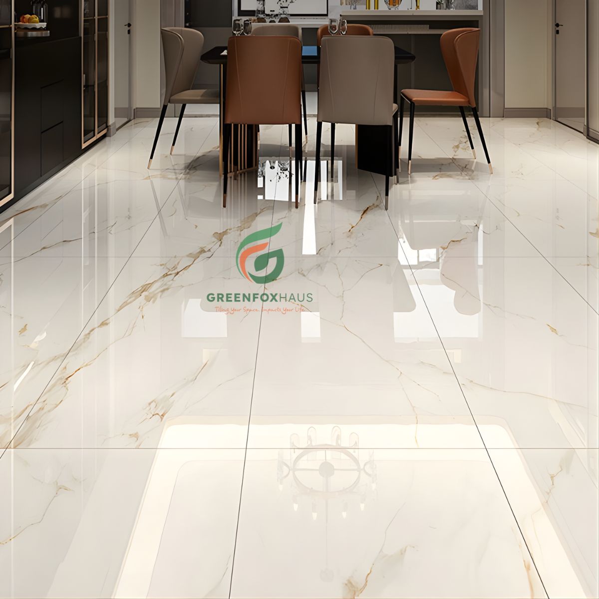 gạch lát nền trắng vân vàng kim phòng ăn hiện đại