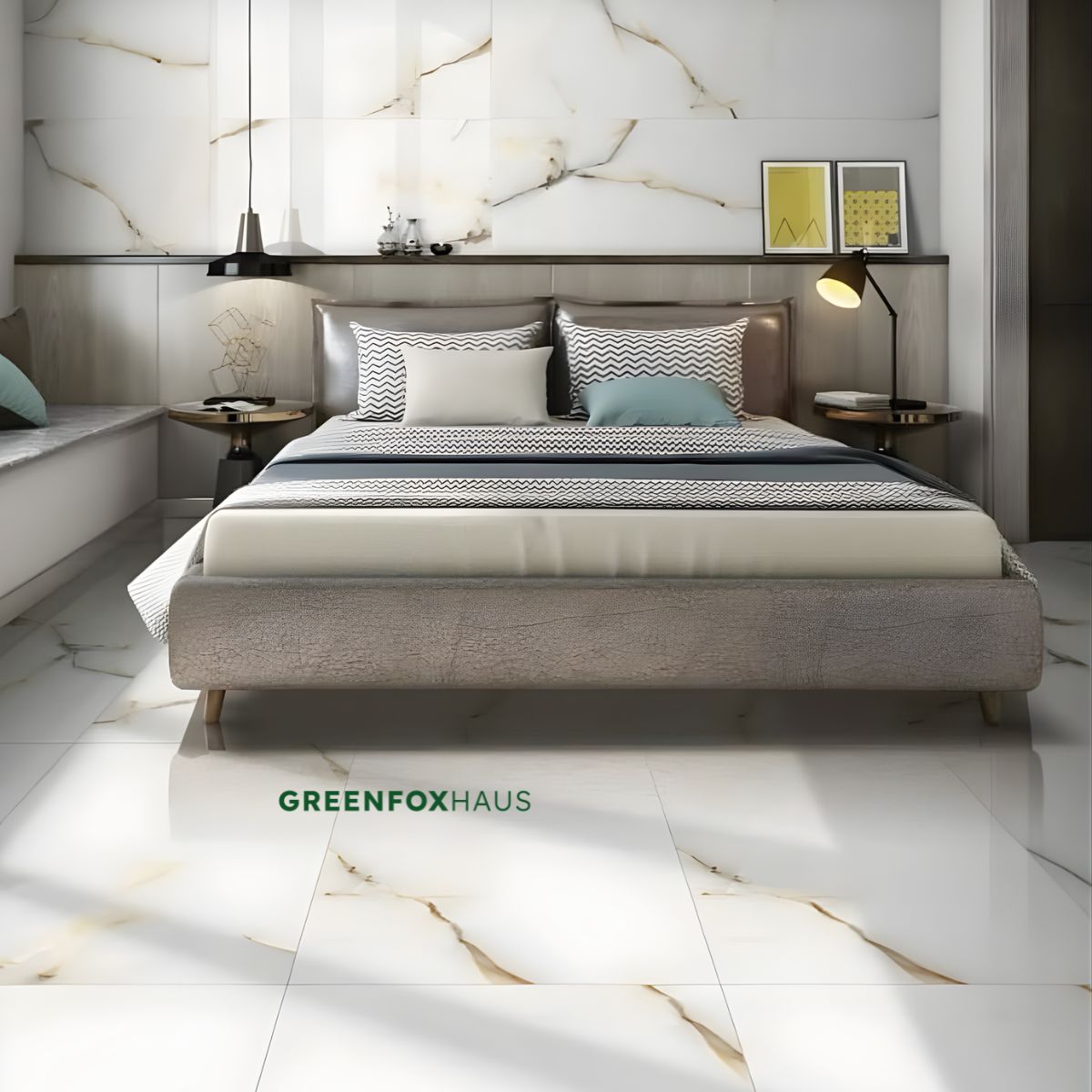 gạch lát nền trắng vân vàng kim phòng ngủ cao cấp