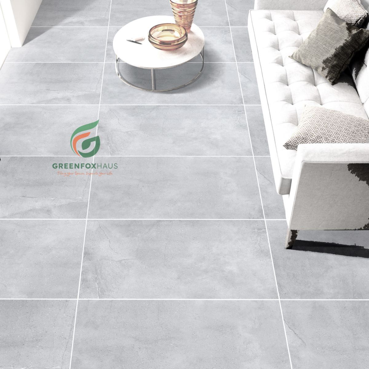 gạch lát nền trắng xám vân xi măng cho phòng khách hiện đại