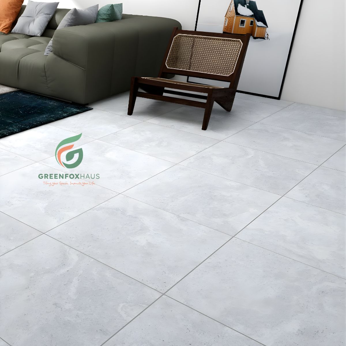 gạch lát nền trắng xám vân nhẹ cho phòng khách sang trọng