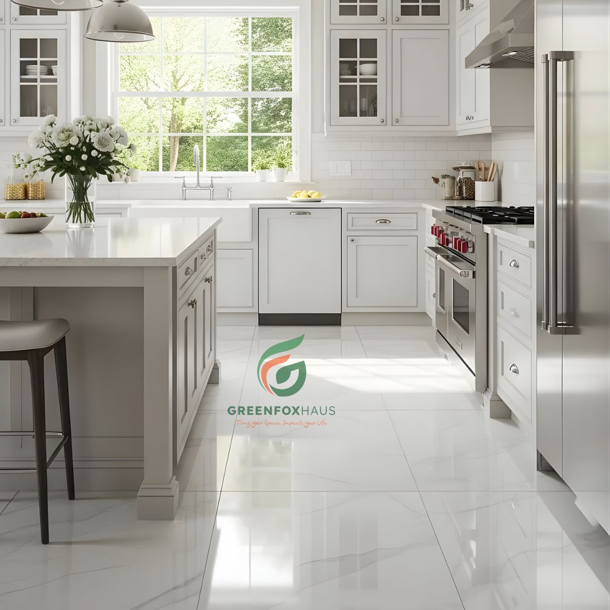 gạch lát nền 80x80 vân đá marble bóng kính màu trắng cho phòng bếp hiện đại