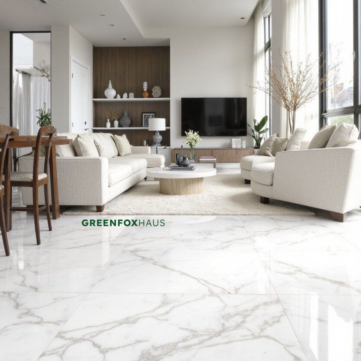 gạch lát nền phòng khách 80x80 vân đá marble cao cấp tông trắng sang trọng