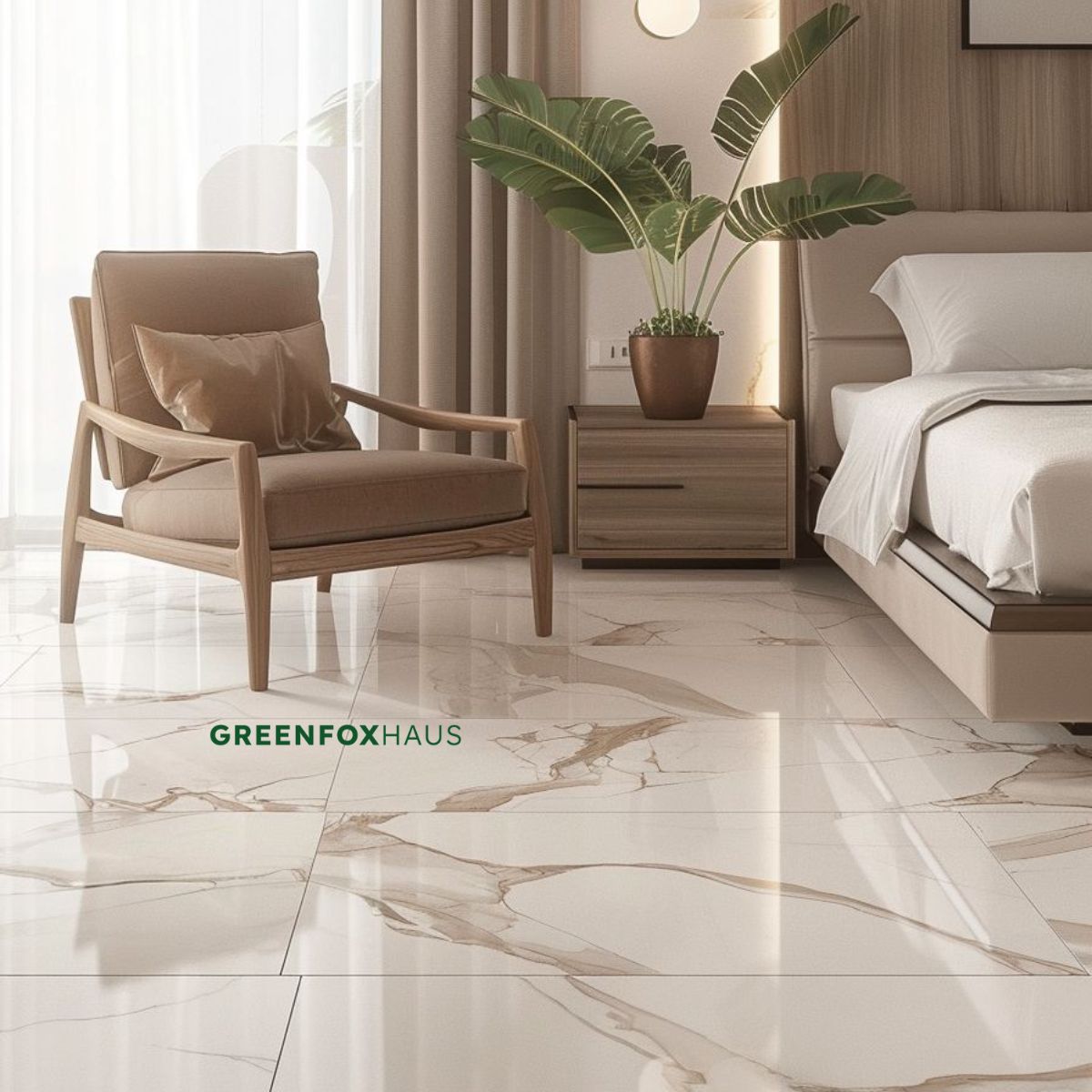 gạch men 80x80 vân đá marble màu kem phù hợp không gian phòng ngủ ấm cúng