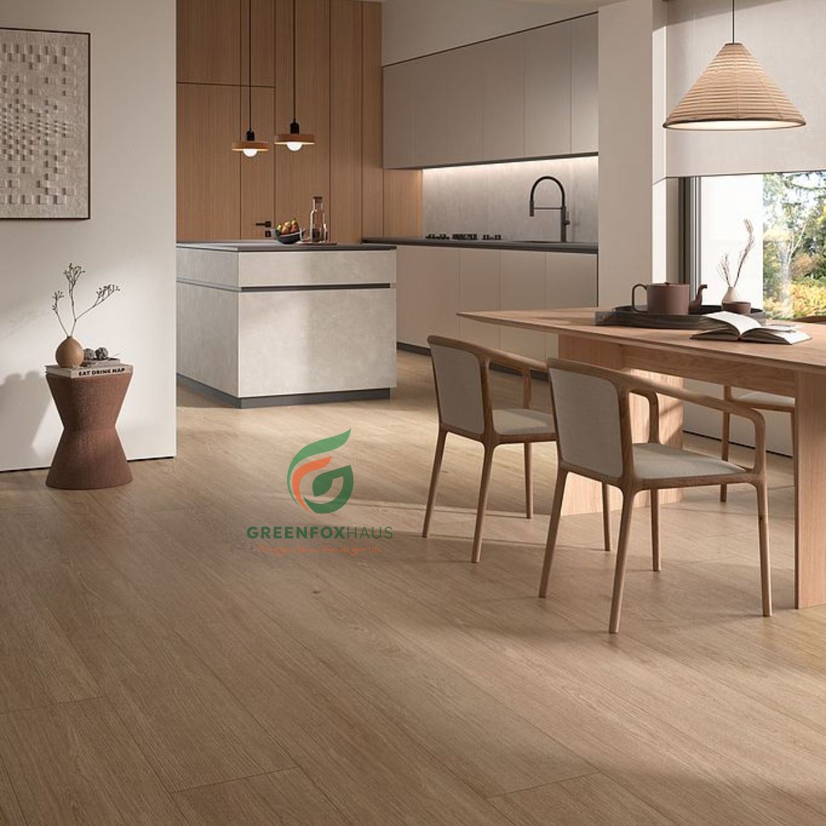 gạch lát nền 80x80 vân gỗ màu sáng cho phòng bếp hiện đại ấm cúng