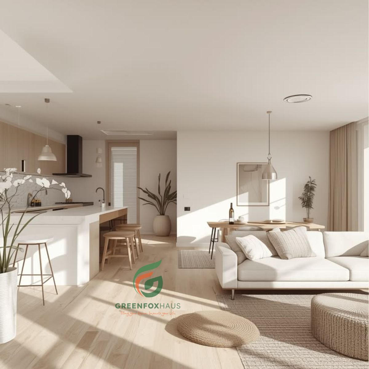 gạch 80x80 vân gỗ màu be cho không gian phòng khách hiện đại tối giản