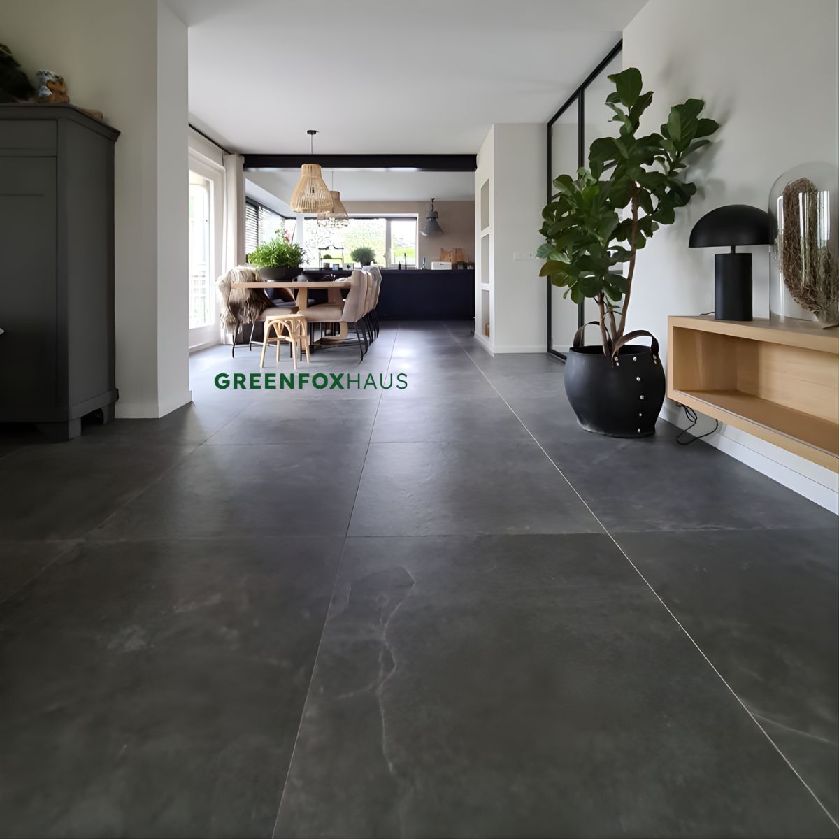 gạch lát nền màu xám đen không gian phòng khách rộng hiện đại và sang trọng