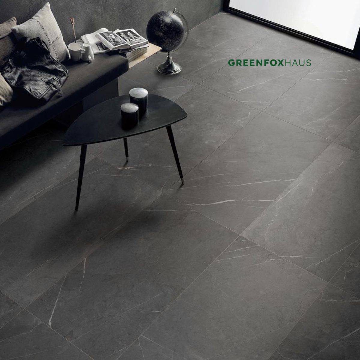 gạch lát nền màu ghi xám vân đá tự nhiên không gian nội thất tối giản