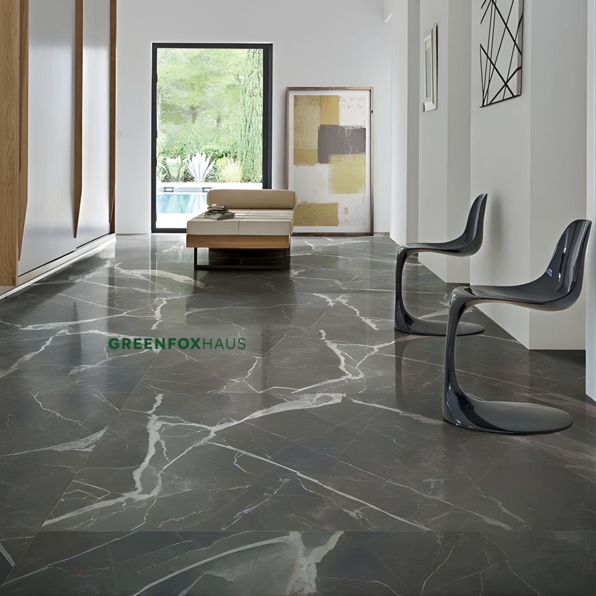 gạch men màu xám vân đá marble khổ lớn tạo hiệu ứng liền mạch không gian