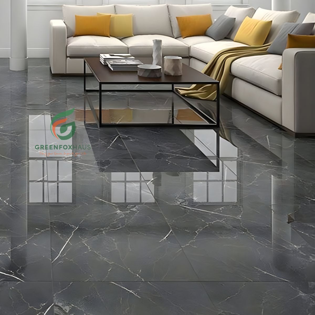 gạch nền xám bóng vân đá sang trọng giúp không gian sáng và rộng hơn