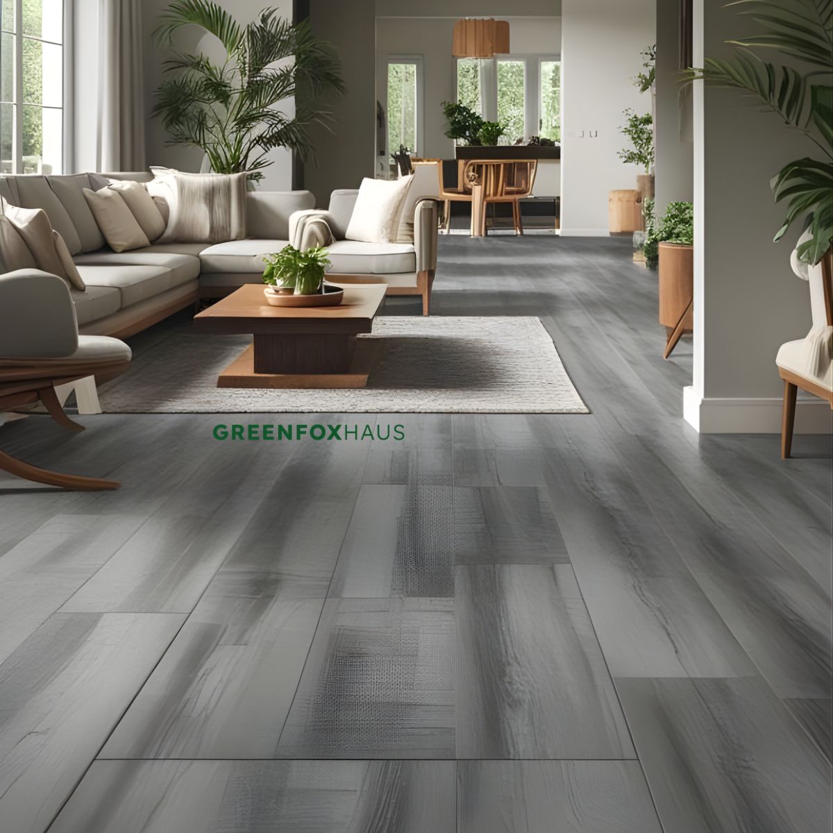 gạch nền xám giả gỗ phòng khách rộng thoáng phong cách hiện đại