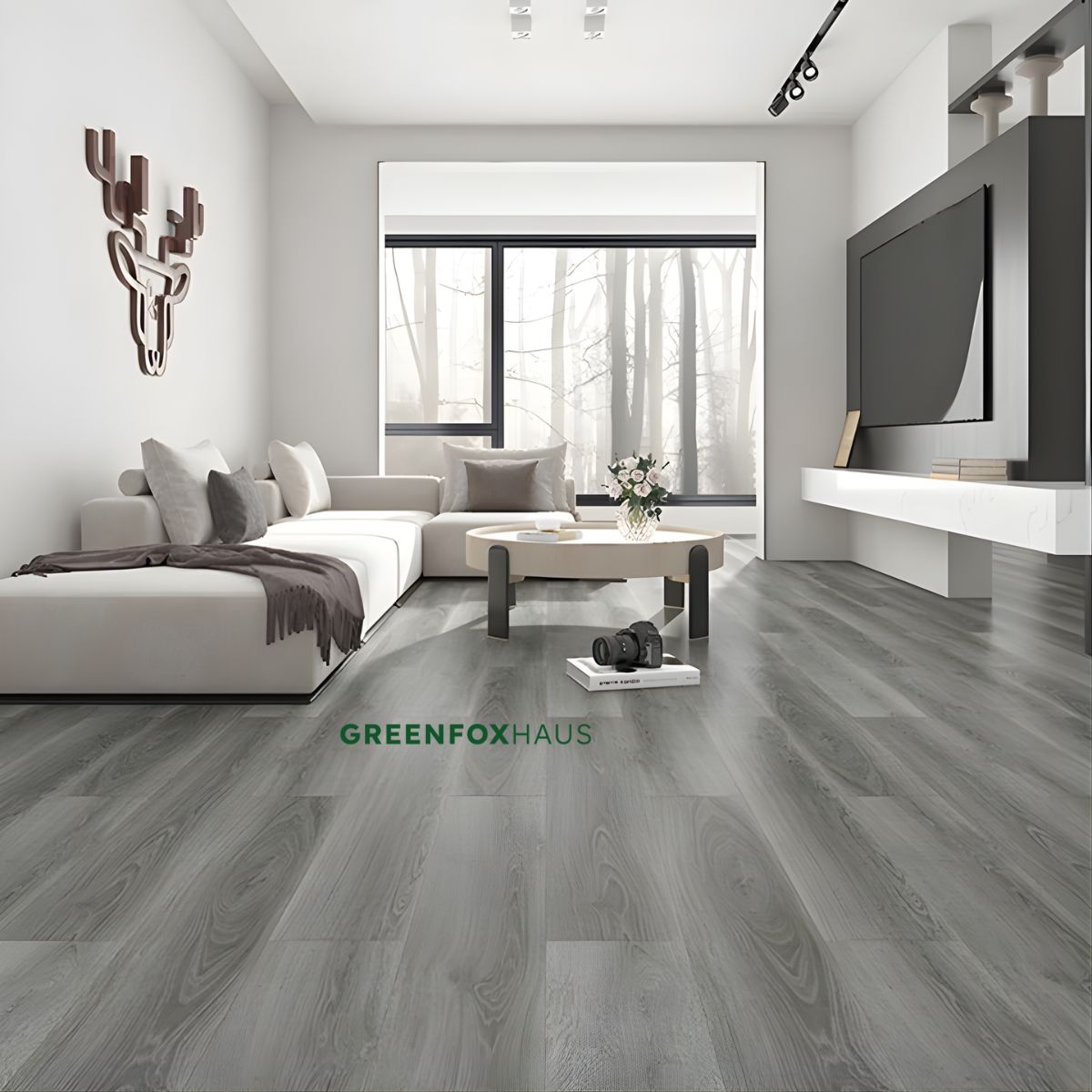 gạch men màu xám giả gỗ phòng khách sang trọng dễ phối nội thất