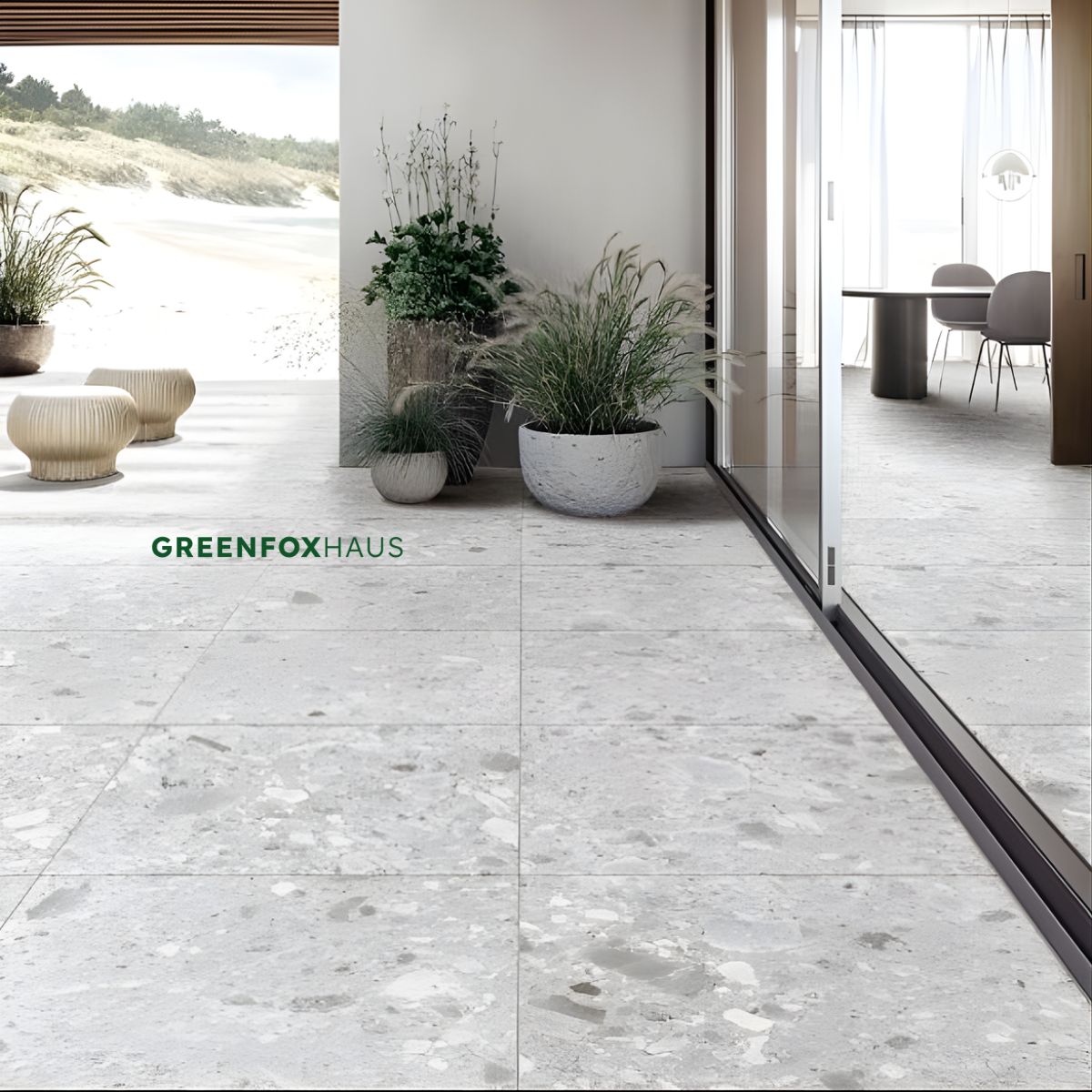 gạch lát nền màu xám terrazzo không gian ban công hiện đại gần gũi thiên nhiên