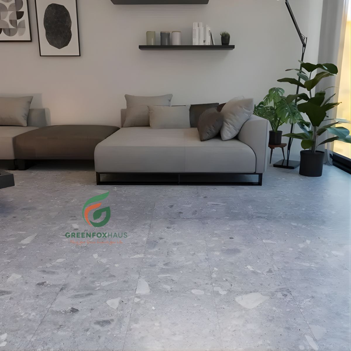 gạch lát nền màu ghi xám terrazzo phòng khách tối giản tinh tế và hiện đại