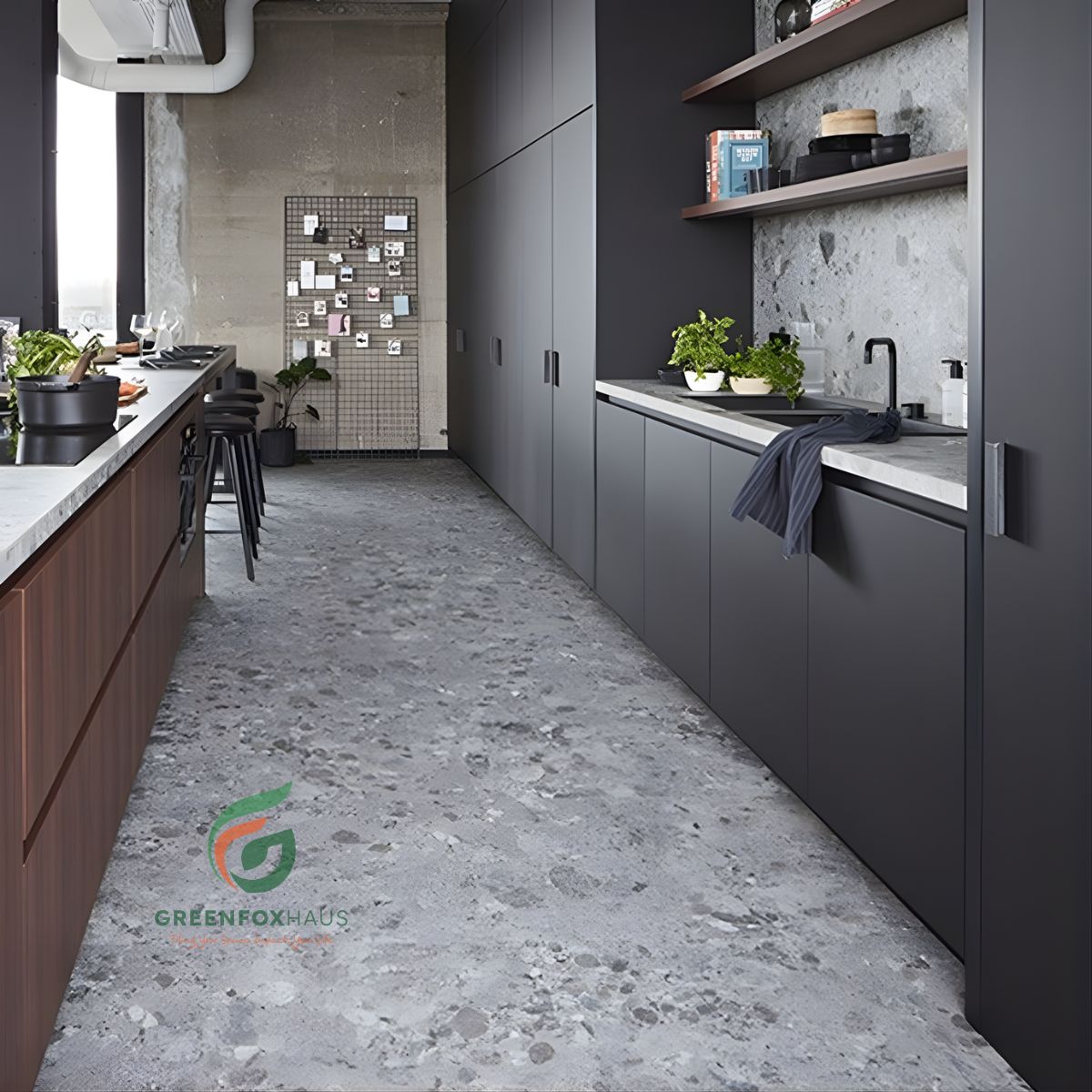 gạch màu xám terrazzo lát nền khu bếp hiện đại sạch sẽ và cá tính