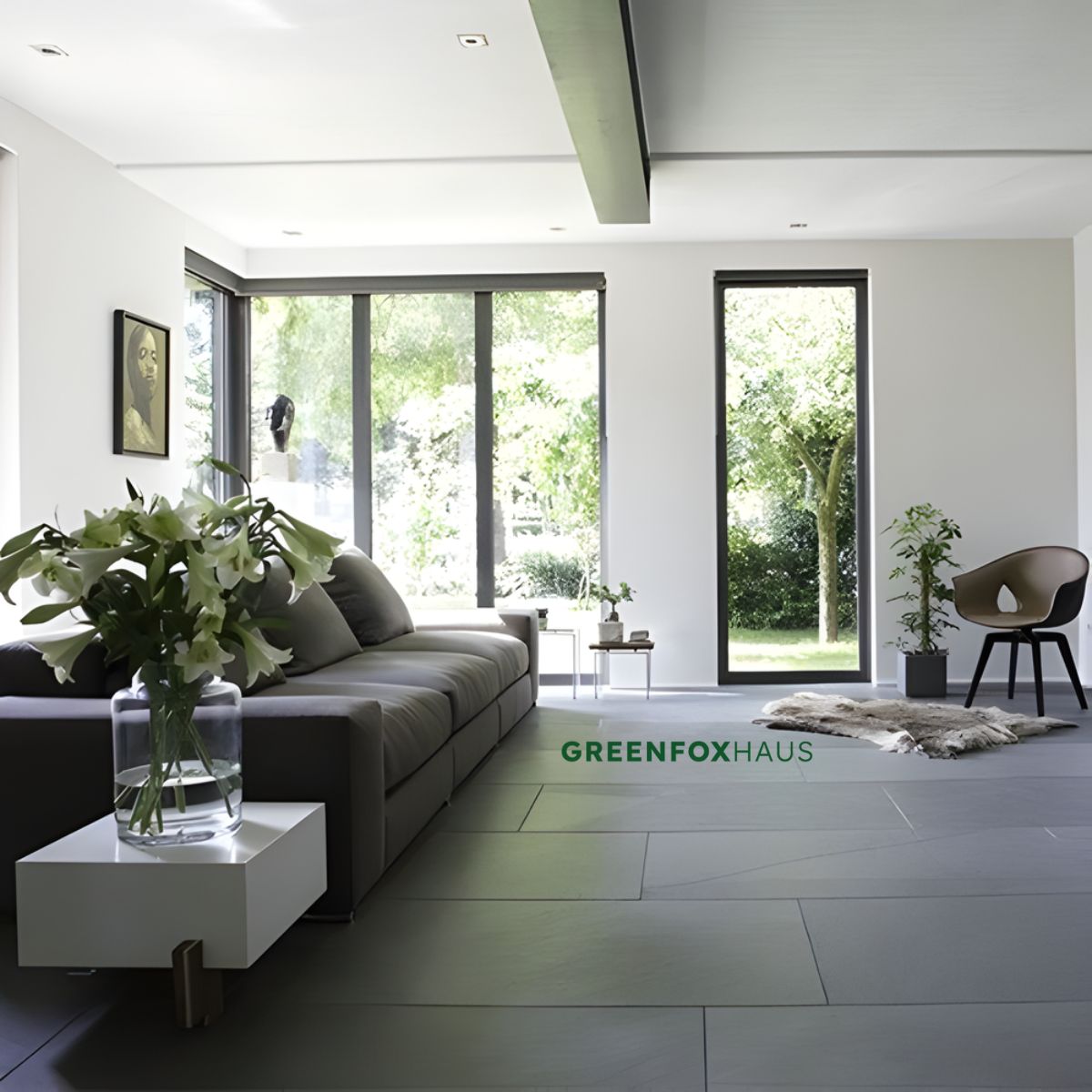 gạch lát nền xám phòng khách tường trắng không gian sáng thoáng