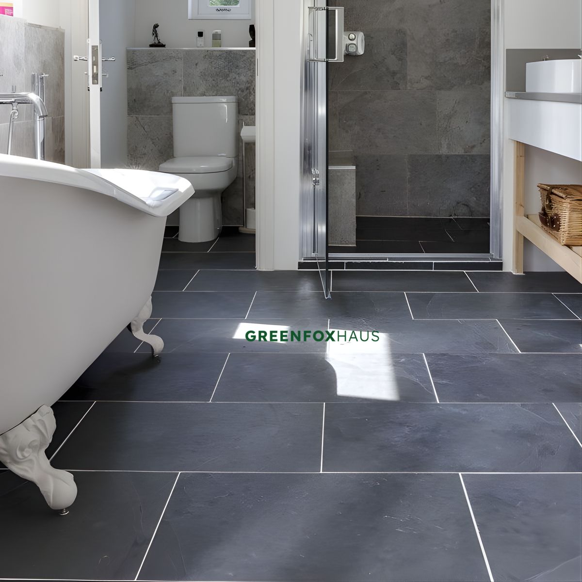 gạch nền xám xanh không gian phòng tắm sang trọng và thư giãn